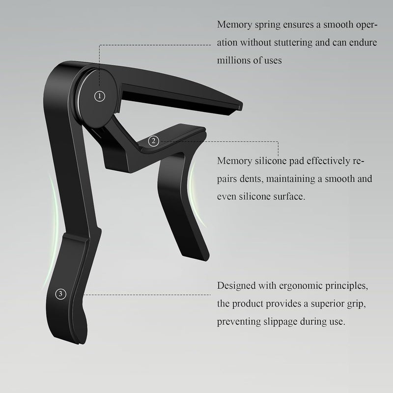 DIDA Guitar Capo for Acoustic, Classical, Electric Guitars, Ukulele, Mandolin, Banjo, and other string musical instruments, Quick Release, Memory Silicone Pad, Buzzing-Free (Black & Black) - Image 4